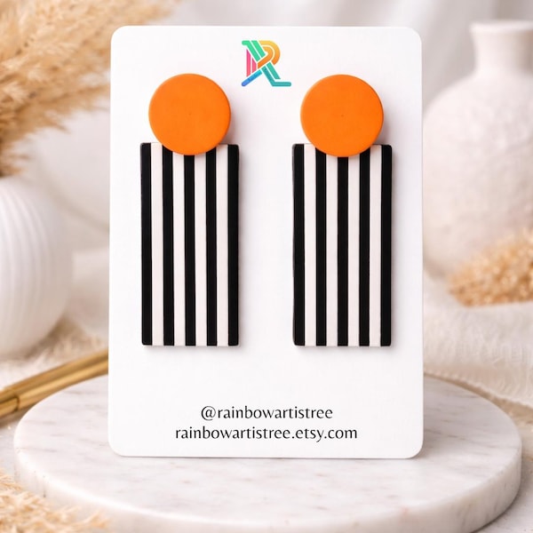 Geometric Polymer Clay Earrings | Black & White Striped Statement Earrings | Minimal Dangles | Handmade | Lightweight