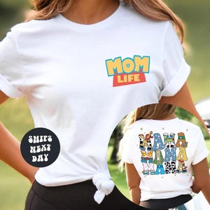 a woman wearing a mom life t - shirt