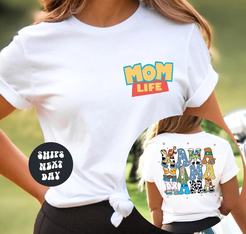 a woman wearing a mom life t - shirt