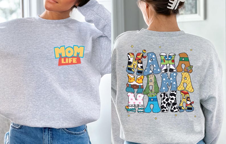 a woman wearing a sweatshirt that says mom life