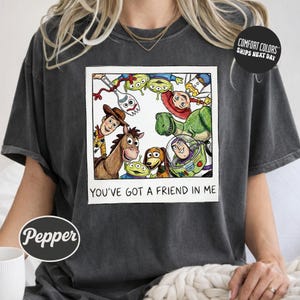 A person wearing a gray t-shirt with a graphic design featuring characters from the Toy Story franchise, including Woody, Buzz Lightyear, and other beloved characters.