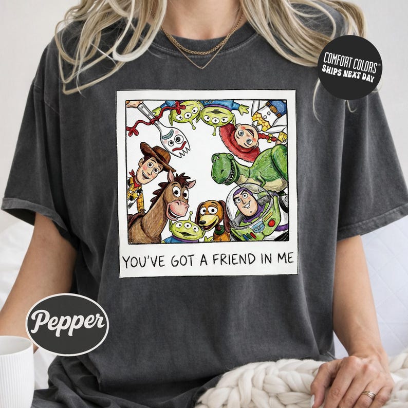 A person wearing a gray t-shirt with a graphic design featuring characters from the Toy Story franchise, including Woody, Buzz Lightyear, and other beloved characters.