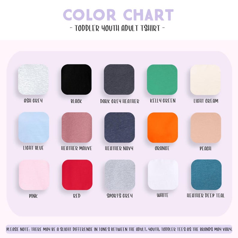 The image is a color chart for a toddler youth adult t-shirt, displaying various color options for the adult t-shirt.
