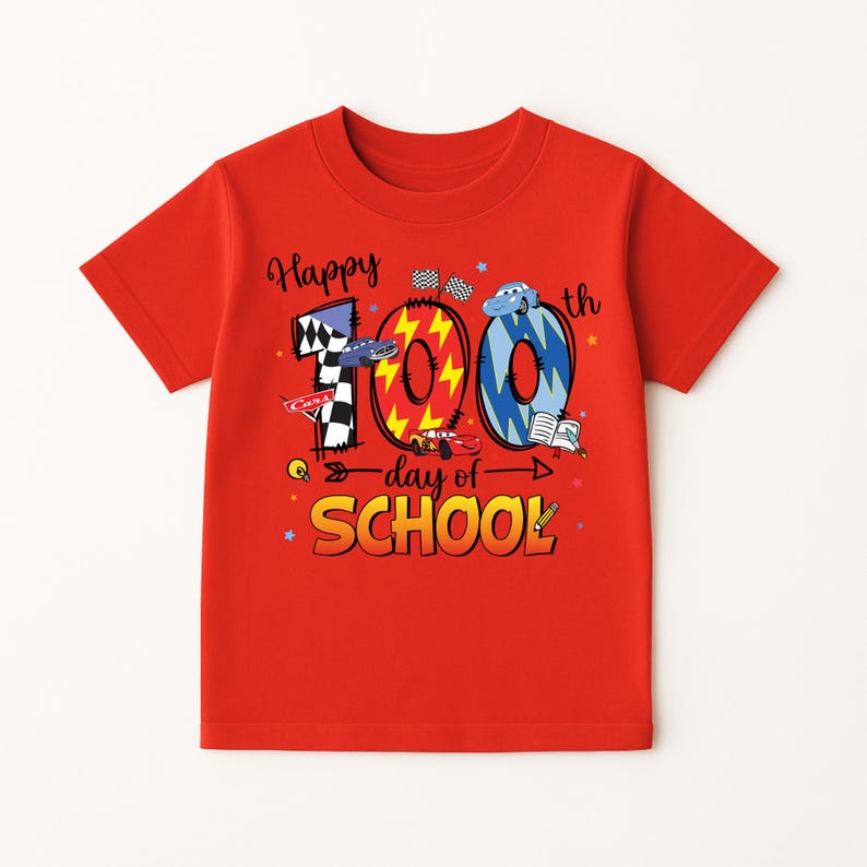 A red t-shirt with a graphic design celebrating the 100th day of school.