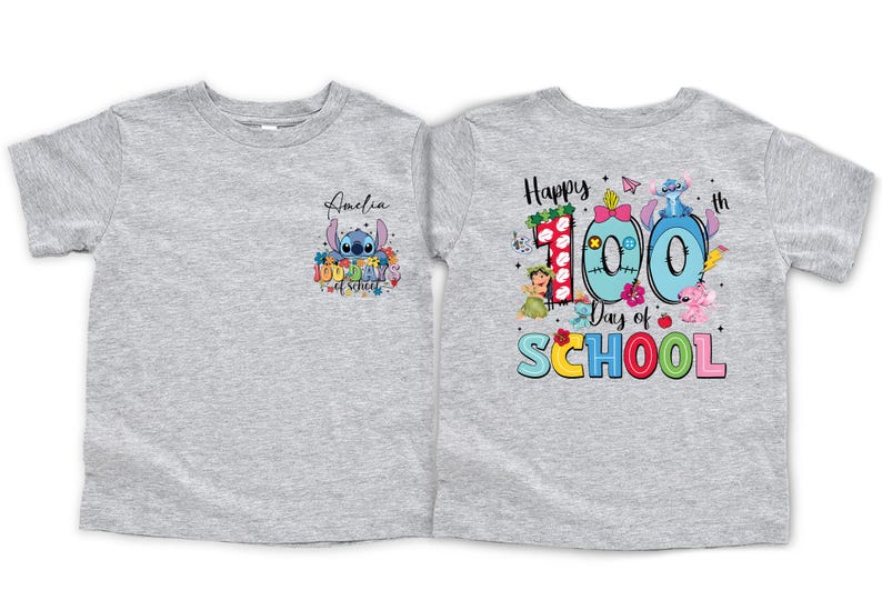 two gray t-shirts with colorful designs and text related to a 100th day of school celebration.