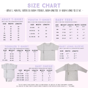 The image is a size chart that provides measurements and sizes for various types of clothing, including adult, youth, toddler, and baby items.