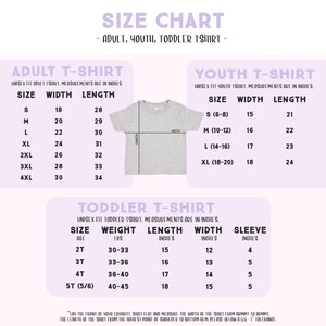 The image is a size chart for adult, youth, and toddler t-shirts. It provides measurements and corresponding shirt sizes for different age groups, including a separate chart for toddler t-shirts. The chart includes a list of measurements and corresponding shirt sizes for each age group, along with a diagram of a t-shirt to illustrate the measurements. The chart is designed to help customers determine the appropriate size for their age group based on the provided measurements.