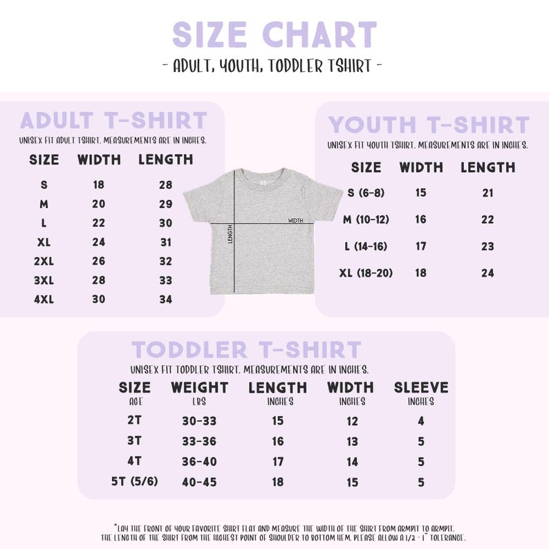The image is a size chart for adult, youth, and toddler t-shirts. It provides measurements and corresponding shirt sizes for different age groups, including a separate chart for toddler t-shirts. The chart includes a list of measurements and corresponding shirt sizes for each age group, along with a diagram of a t-shirt to illustrate the measurements. The chart is designed to help customers determine the appropriate size for their age group based on the provided measurements.