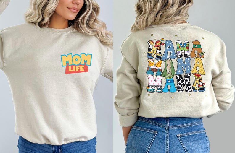 a woman wearing a mom life sweatshirt and jeans