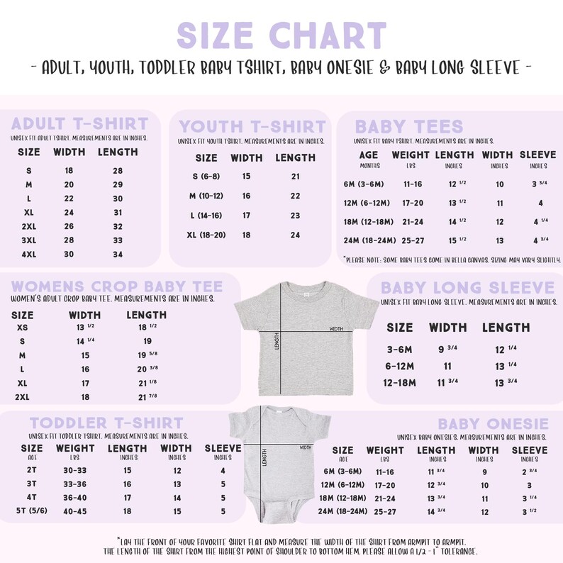 The image is a size chart for children's clothing, including a t-shirt, a long sleeve, and a baby onesie. The chart provides measurements and sizes for different age groups, such as infants, toddlers, and young children.