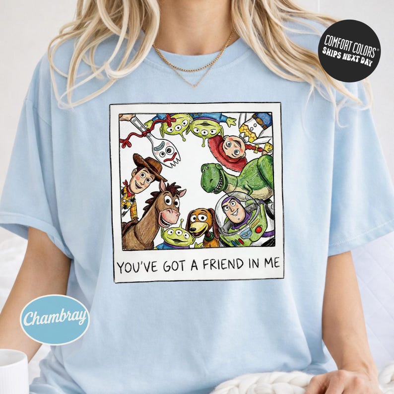 A person wearing a light blue t-shirt with a graphic design featuring characters from the Toy Story franchise, including Woody, Buzz Lightyear, and other beloved characters.