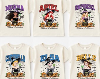 Disney Princess Halloween Shirt Comfort Colors Princess Horror Shirt Princess Witches Tee Belle Elsa Ariel Cinderella Halloween Girls Shirt
