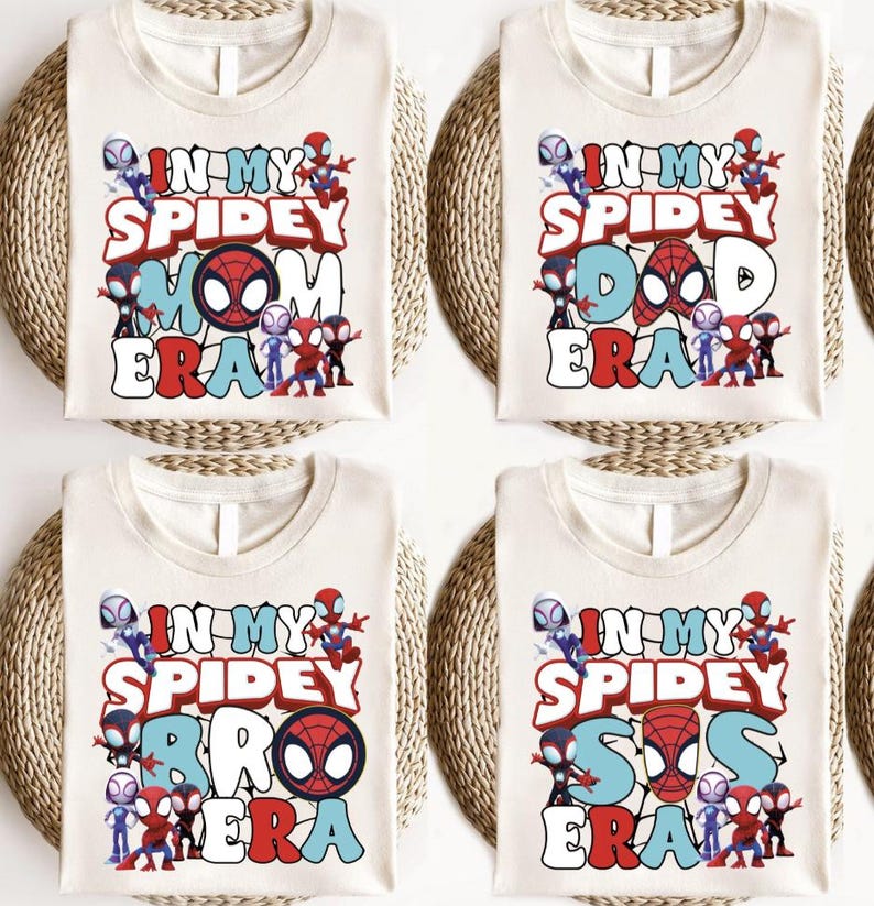 four identical white t-shirts with the text "IN MY SPIDEY" printed on them. The text is surrounded by various Spider-Man characters, including the iconic Spider-Man logo.