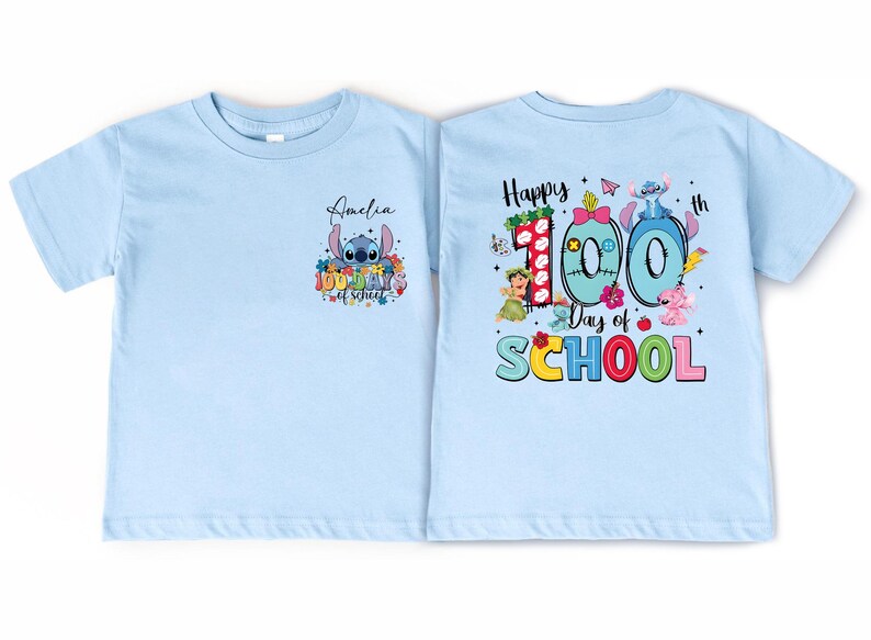 A light blue t-shirt with a colorful graphic design on the back, celebrating the 100th day of school.