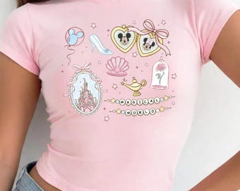 Coquette Bow Mickey Minnie Heart Locket Baby Tee Crop Top Magic Castle Comfort Colors® Tank Top WDW Magic Trip Girls Trip Girly Y2K Baby Tee