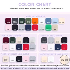 The image is a color chart that displays various adult and toddler sweatshirts, sweaters, and long sleeves in different colors.
