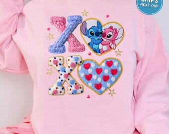 Angel and Stitch Valentine Sweatshirt Valentine's Day Xoxo Stitch Shirt Faux Yarn Disney Happy Valentine's Day Matching Valentines Day Tee