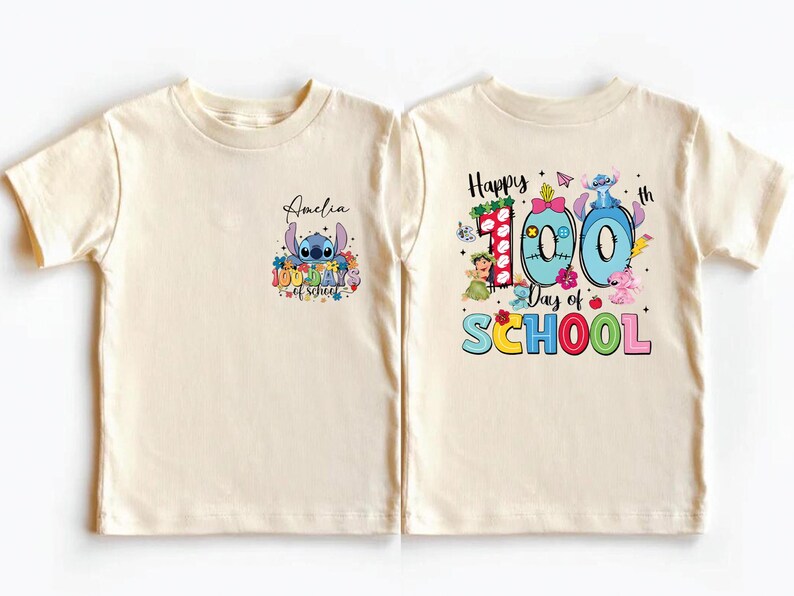 two white t-shirts with colorful designs and text related to a 100th day of school celebration.