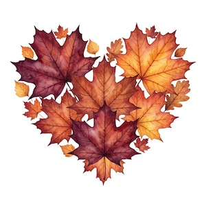 May include: A heart-shaped arrangement of watercolor autumn leaves in shades of deep burgundy, burnt orange, and golden yellow. The composition features various maple and oak leaf shapes layered together to form a distinct heart silhouette.
