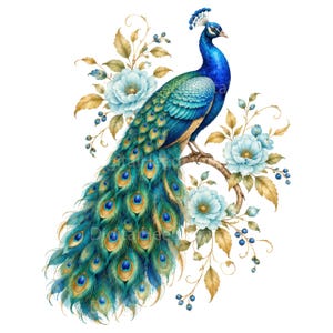 May include: A vibrant peacock with iridescent blue and green plumage perched on a branch, surrounded by light blue flowers and golden-toned leaves. The bird features a long, detailed tail with distinct eye-shaped patterns in shades of gold and blue.