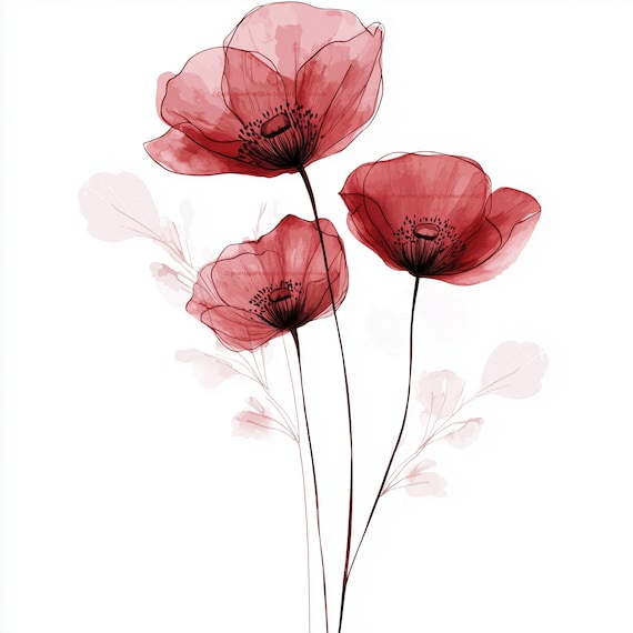 38 Poppy Line Art Clipart, Minimalist Watercolor Wash, Boho Floral (Digital Download)