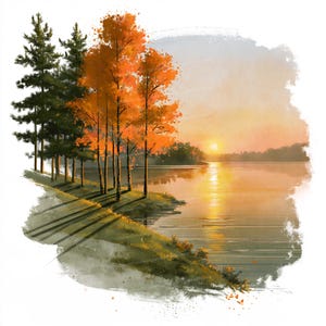 May include: A digital painting of a lakeside landscape at sunset. Tall dark green pine trees and vibrant orange autumn trees stand along the grassy shore, casting long shadows across the ground toward a calm, reflective body of water.