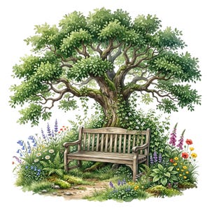 Puede incluir: Un banco de madera se encuentra bajo un gran árbol frondoso con un tronco grueso y texturizado. La escena está rodeada por una variedad de flores silvestres coloridas, incluyendo campanillas, margaritas, amapolas y dedaleras, sobre fondo blanco.