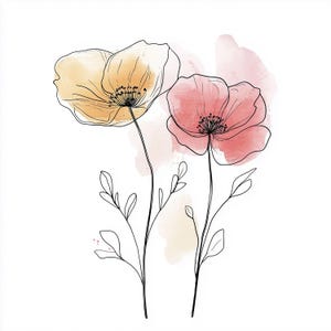 May include: Watercolor illustration of two poppy flowers with black outlines and stems. One flower is peach, the other is pink, with a soft pink and yellow watercolor background. The image has a minimalist, botanical theme.