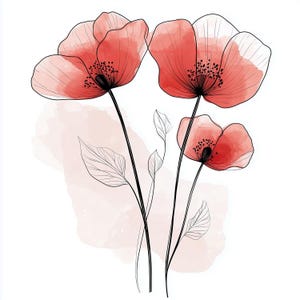May include: Watercolor illustration of three red poppies with black stems and delicate leaves. The flowers have a translucent quality, with a soft pink watercolor wash in the background. The design is elegant and botanical.