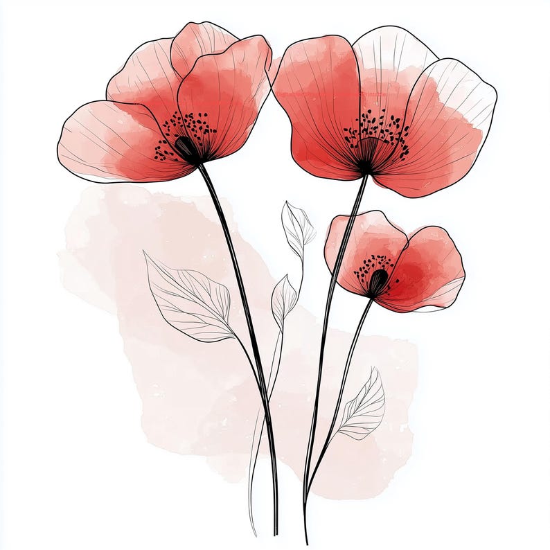 May include: Watercolor illustration of three red poppies with black stems and delicate leaves. The flowers have a translucent quality, with a soft pink watercolor wash in the background. The design is elegant and botanical.