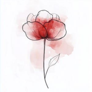 May include: A watercolor-style illustration of a red flower with black outline details. The flower has multiple petals and a long stem with a single leaf. The background features soft, pink watercolor washes, creating a delicate and artistic design.