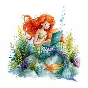 Conjunto de 20 imágenes prediseñadas de sirenas en acuarela para portátiles, arte digital de fantasía submarina, descarga digital.