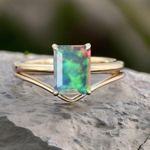 Opal Engagement Ring Set Emerald Cut Vintage 14K Rose Gold Engagement Ring Cluster Ring Moissanite Bridal Ring Promise Ring Anniversary Gift