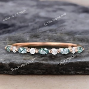 Half Eternity Marquise Moss Agate Wedding band Unique Rose Gold Moissanite Stackable Band Women Promise Matching Anniversary Ring For Her