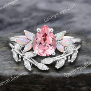 Pear Shaped Pink Sapphire engagement ring set vintage rose Silver moissanite ring leaf ring Marquise Cut opal wedding ring anniversary ring