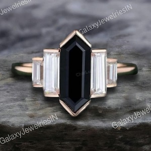 Hexagon cut Black Onyx engagement ring Unique Cluster Black Onyx engagement ring Vintage Rose gold engagement ring bridal wedding promise