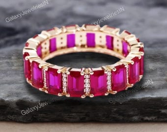 Lab Ruby Eternity Band Ring: Sterling Silver, 14k Gold