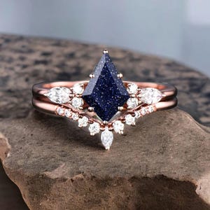 Einzigartige kite cut blau Sandstein Verlobungsring 14k Roségold Ring Vintage Marquise Schnitt Moissanite Jahrestag Ehering für Frauen