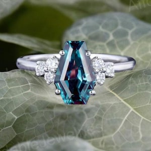 14K Gold White Gold  Coffin Cut Alexandrite Engagement/Wedding/Anniversary Ring Sterling Silver Ring, Moss Agate Promise Ring For Women