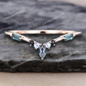 Marquise cut Alexandrite Curved wedding band vintage rose gold Moonstone ring Black Onyx wedding Bridal ring Matching Anniversary ring