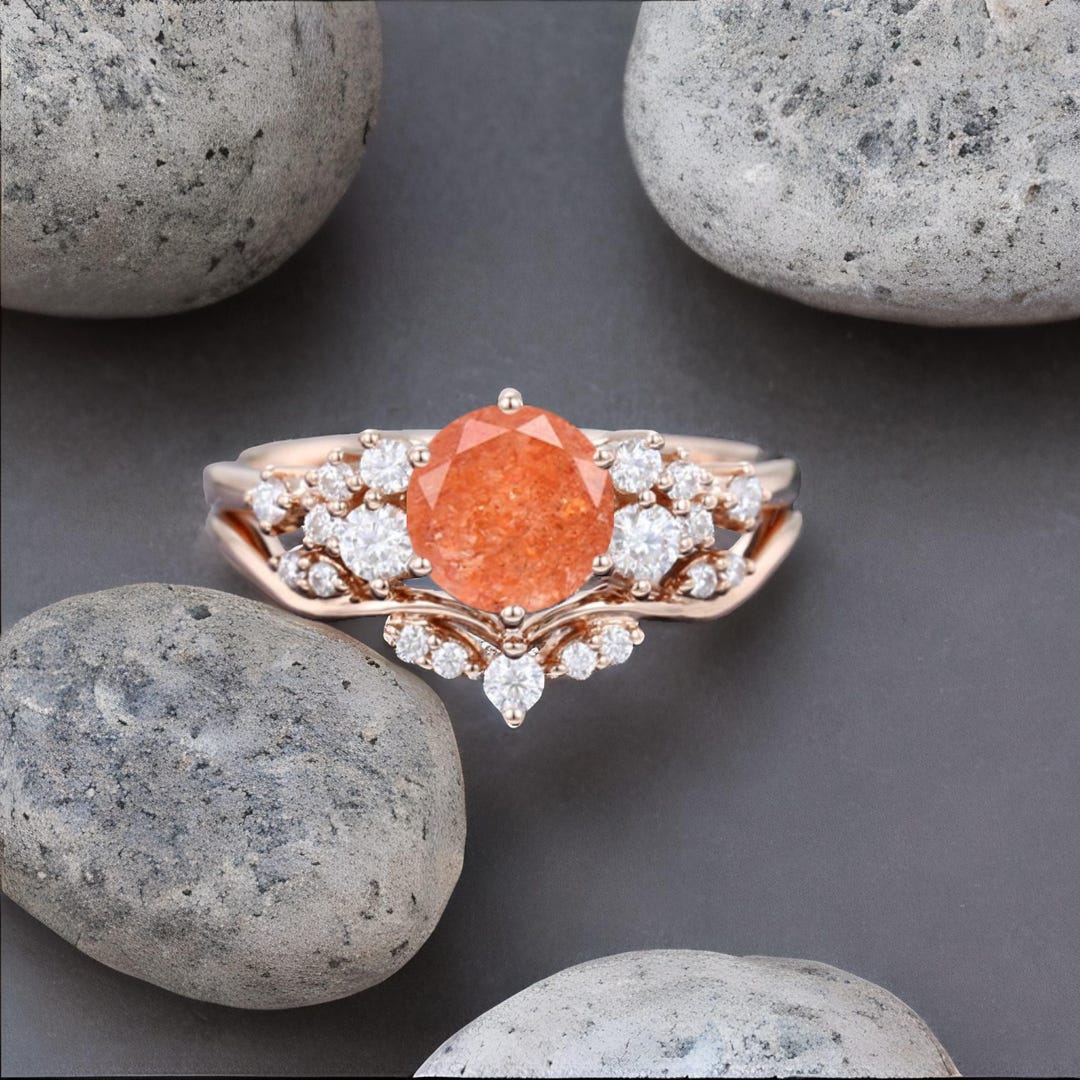 Orange Sandstone Engagement Ring Set: 14K Rose Gold Wedding Anniversary ...