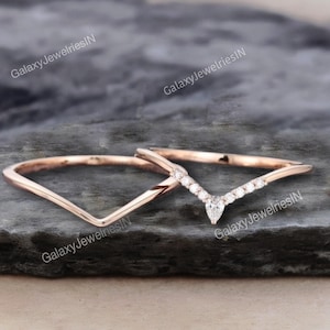 Unique Curved wedding band rose gold Pear Diamond/Moissanite wedding ring vintage stacking matching band Bridal set Promise gift for women