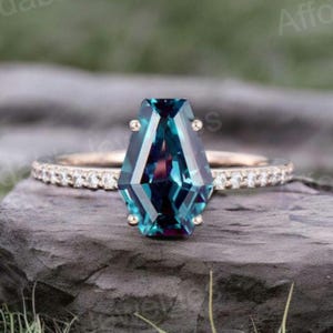 14K Gold White Gold Coffin Cut Alexandrite Engagement/Wedding/Anniversary Ring Sterling Silver Ring, Moss Agate Promise Ring For Women
