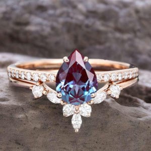 Taille poire 2 bagues de fiançailles en grès naturel, bague de mariage et d&#39;anniversaire, bague de déclaration et de promesse pour femme et fille.