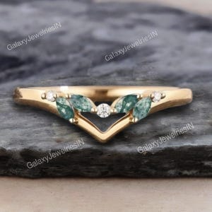 Marquise Moss Agate Wedding Band Unique Rose gold Moissanite Curved Wedding Band Leaf Ring Branch Band Bridal Stacking Promise Gift For Her