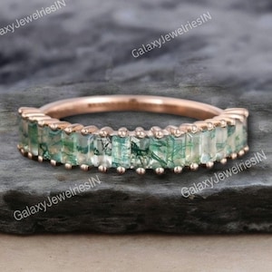 Vintage Baguette Moss Agate Wedding band Unique Rose gold wedding band woman Half eternity band Matching ring Promise ring Anniversary ring