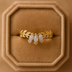 Marquise Opal Gold Wedding Band: Art Deco Leaf Stacking Ring.