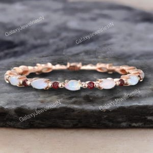 14K Yellow Gold Opal & Red Garnet band Wedding Engagement Anniversary Gift For her, Opal band gift for her full band marquis