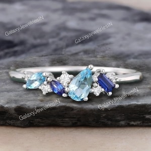 Zarte Birne Aquamarin Ring Vintage Art Deco Baguette Schnitt Saphir Ring Unikate Cluster Ehering Roségold Moissanit Jubiläum Geschenk