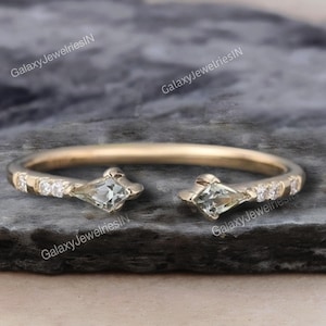 Kite cut Green Sapphire wedding band Vintage solid gold moissanite open wedding band Promise stacking matching band Anniversary gift ring